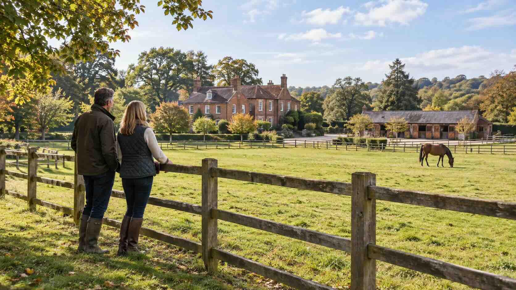 Illustrative buyers considering a country home, stable yard and paddocks