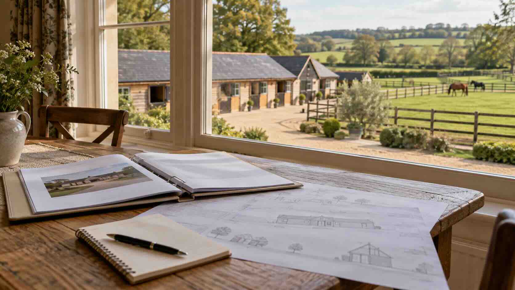 Illustrative property documents beside a window overlooking stables and paddocks