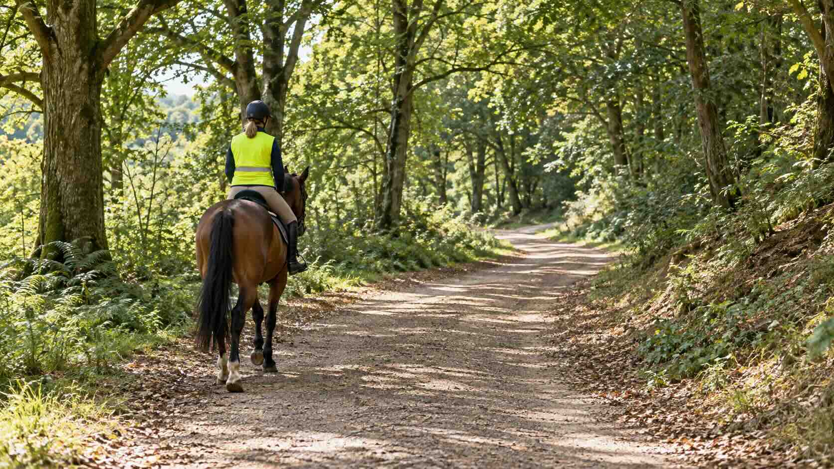 Illustrative rider wearing high-visibility clothing on a wooded countryside track