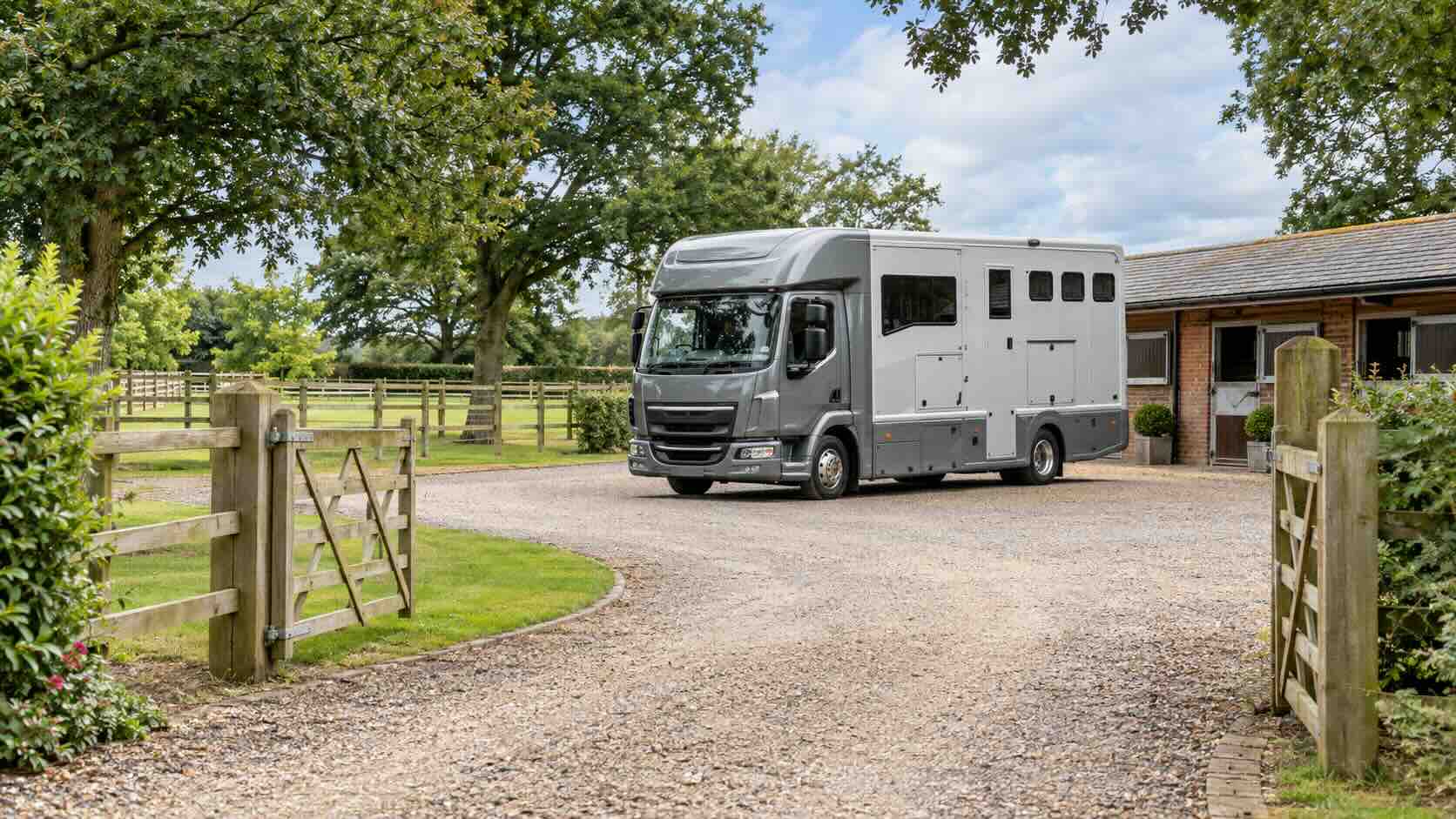 Illustrative horsebox parked beside stables with a broad entrance and turning area