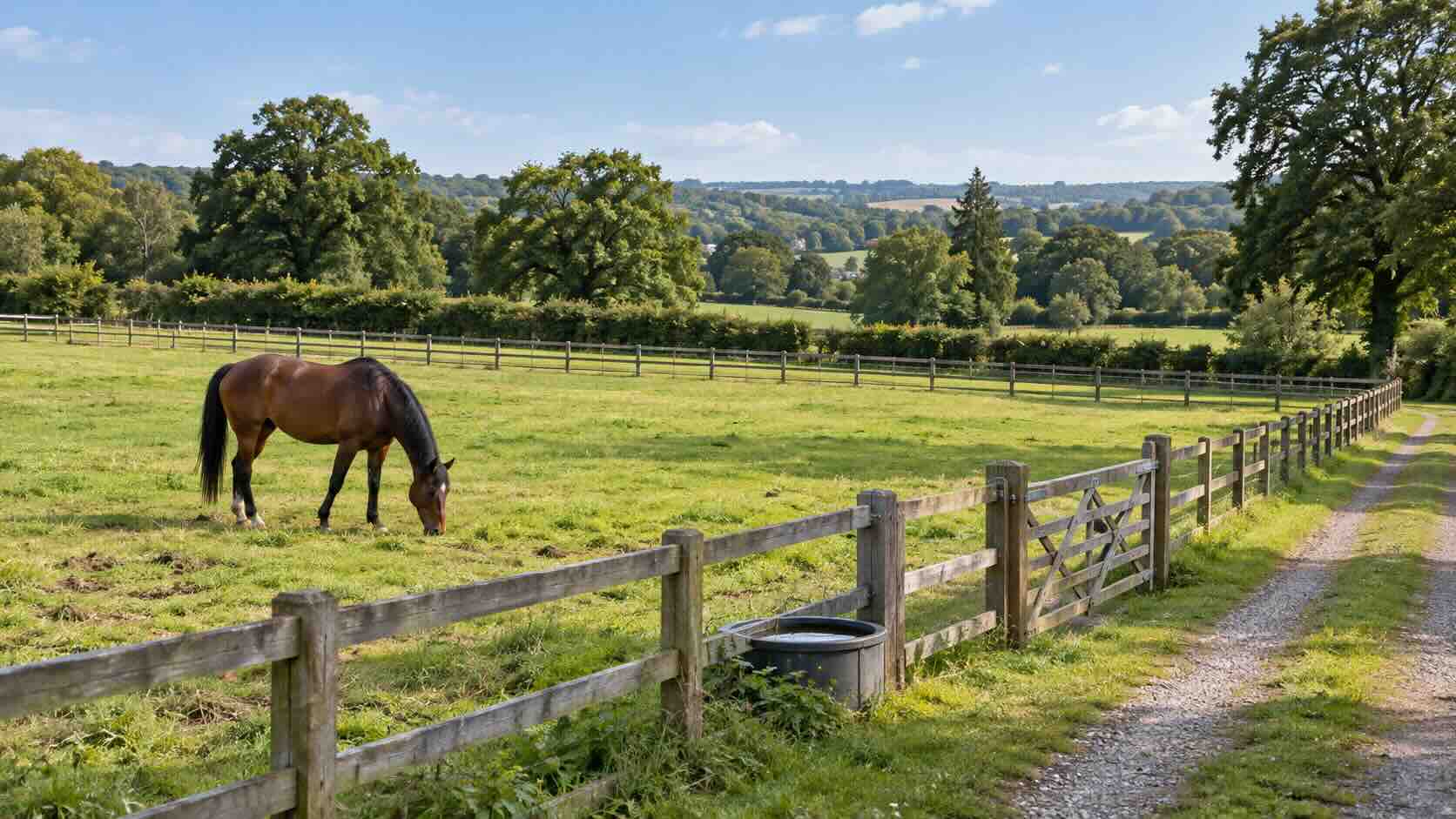 Illustrative grazing paddocks with timber fencing, a water trough and a horse