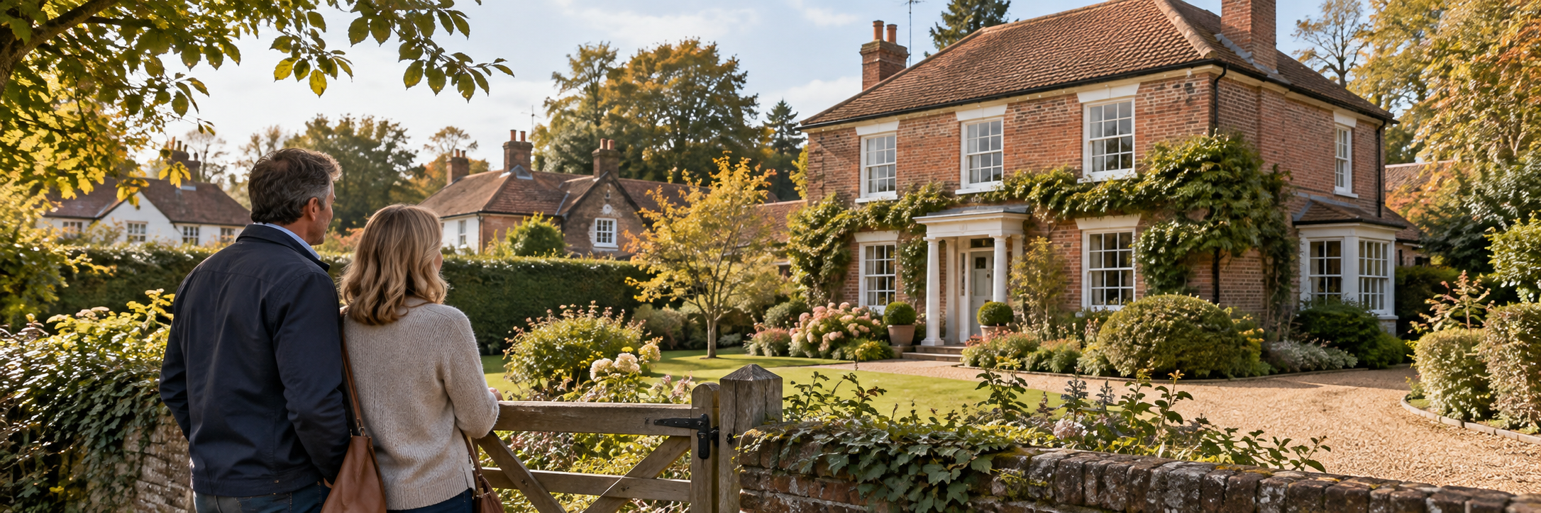 Thoughtful Couple Viewing an English Home Couple considering a village home while exploring places to live in Surrey