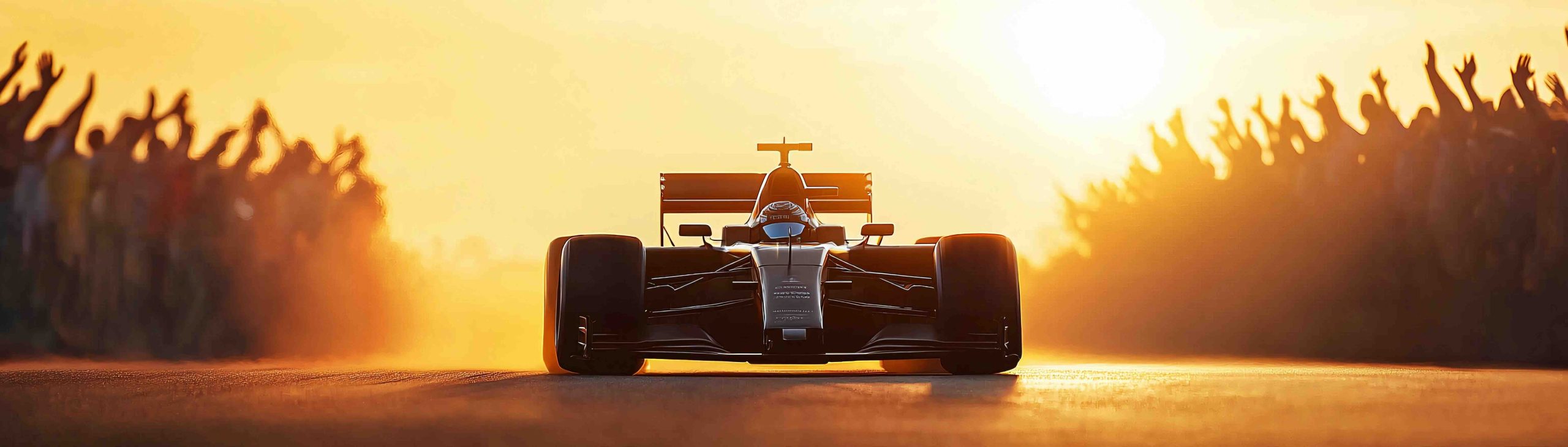 A final parade lap with a single Formula 1 car on the track, framed by a crowd giving one last standing ovation, the sun setting in the background A racing car being cheered on - The Process of Buying a House