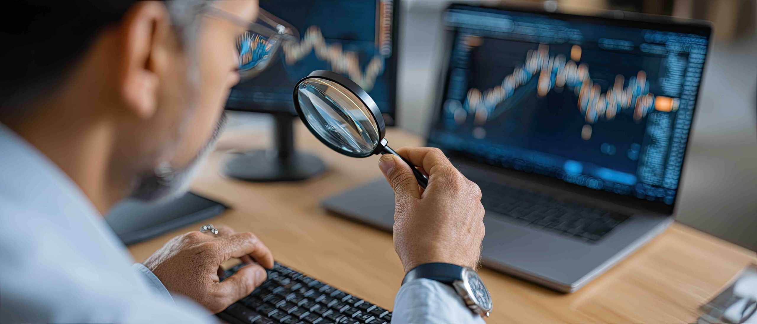 Businessman holds a magnifying glass over stock market graphs on a desk with financial reports and virtual screens showing data A man searching a computer screen with a magnifying glass