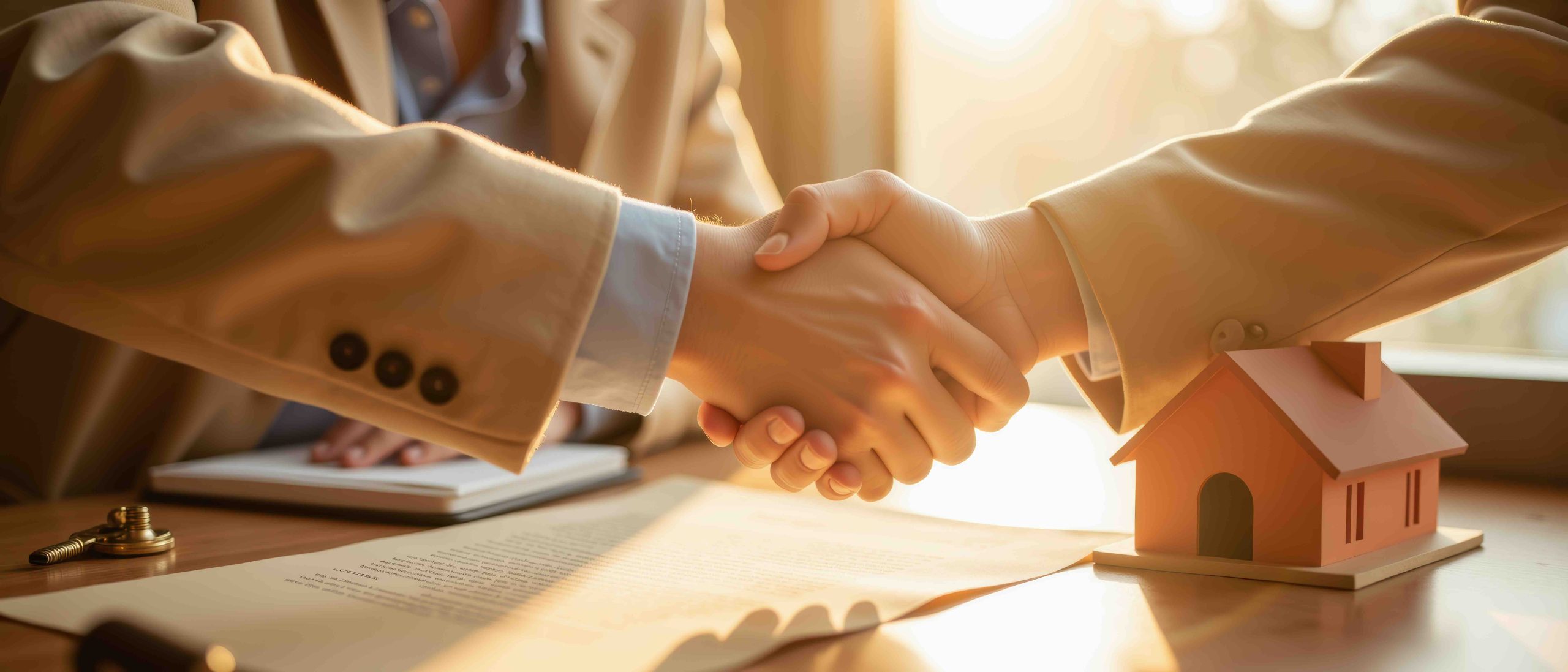 Professional handshake symbolizes agreement and partnership in real estate transaction, with miniature house model representing property Two people shaking hands for the blog The Process of Buying a House