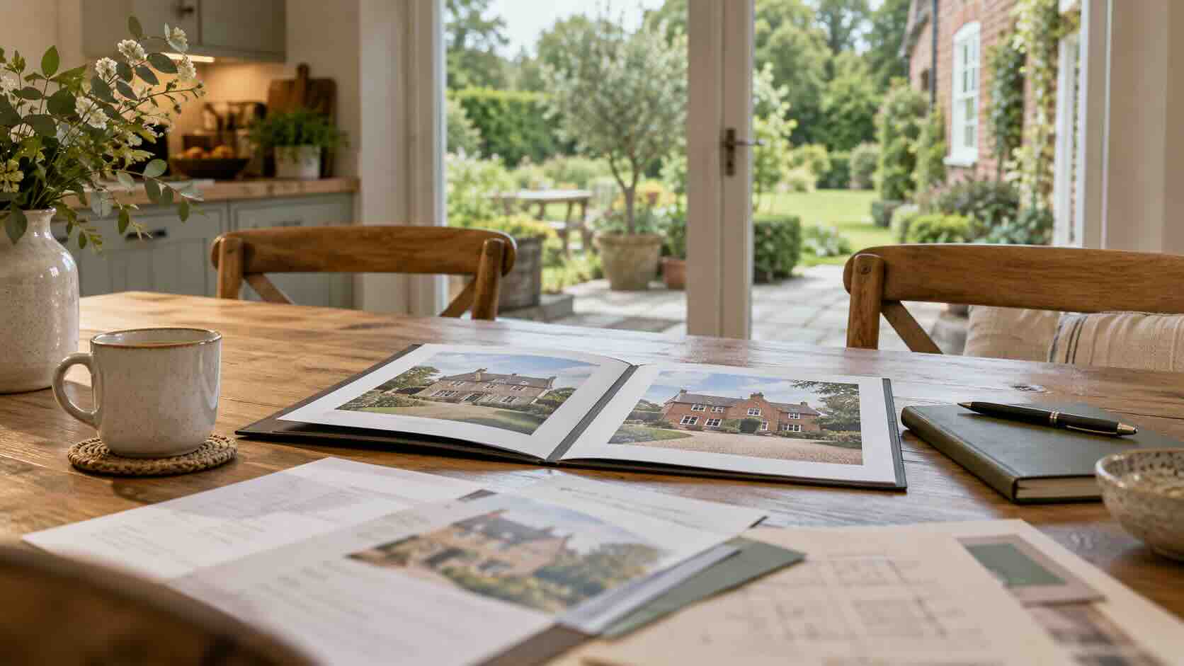 Illustrative property photographs and purchase paperwork arranged on a kitchen table