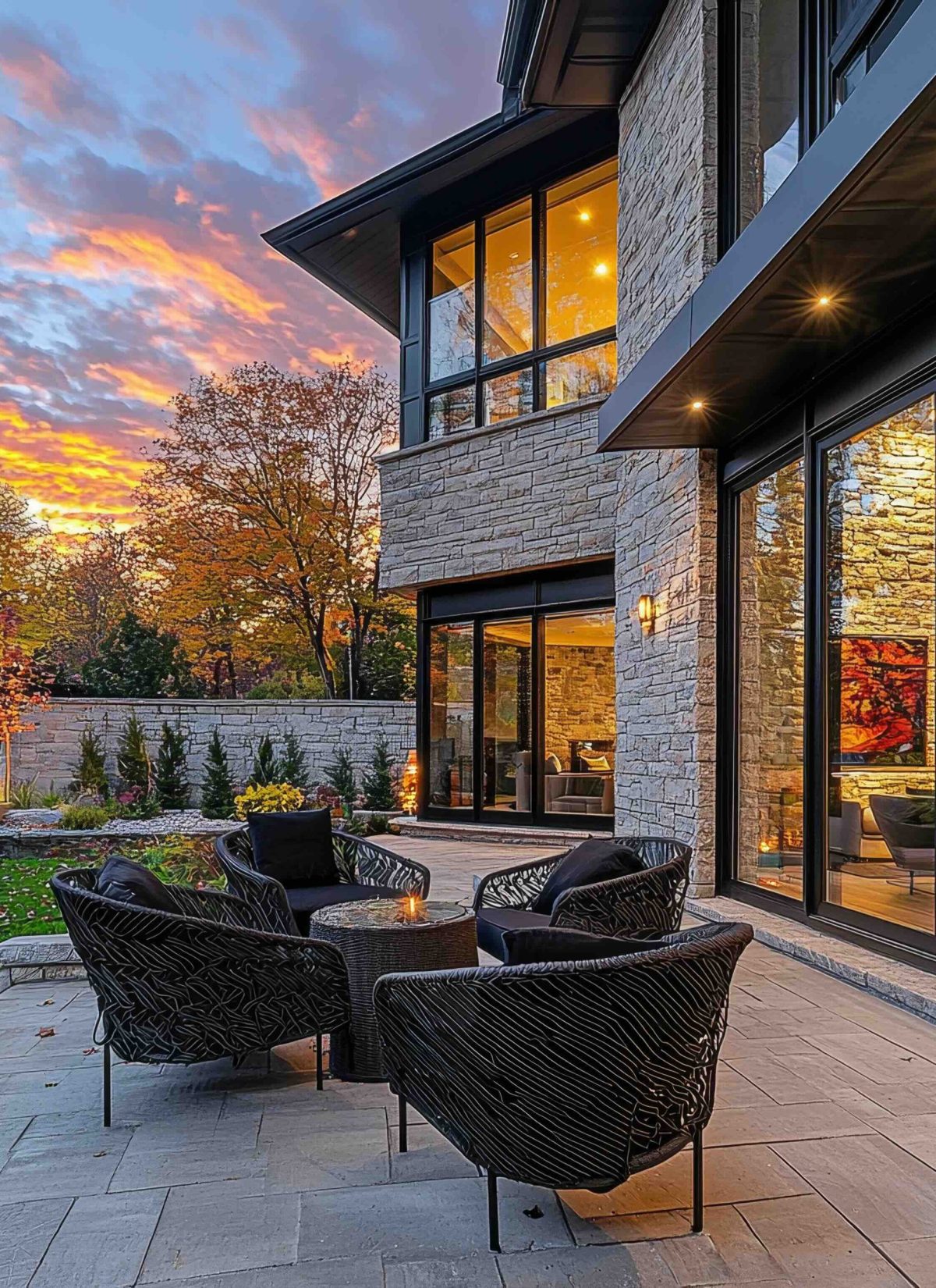 Modern house and patio with sunsetting sky in the background